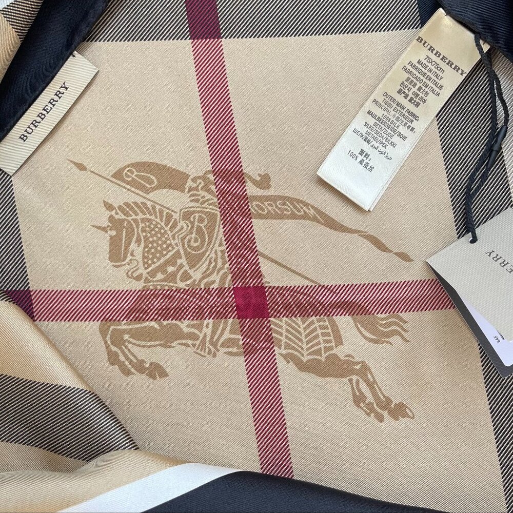 New Unisex Burberry Scarf Beige Check Black Border Silk Wrap - Picture 9 of 12